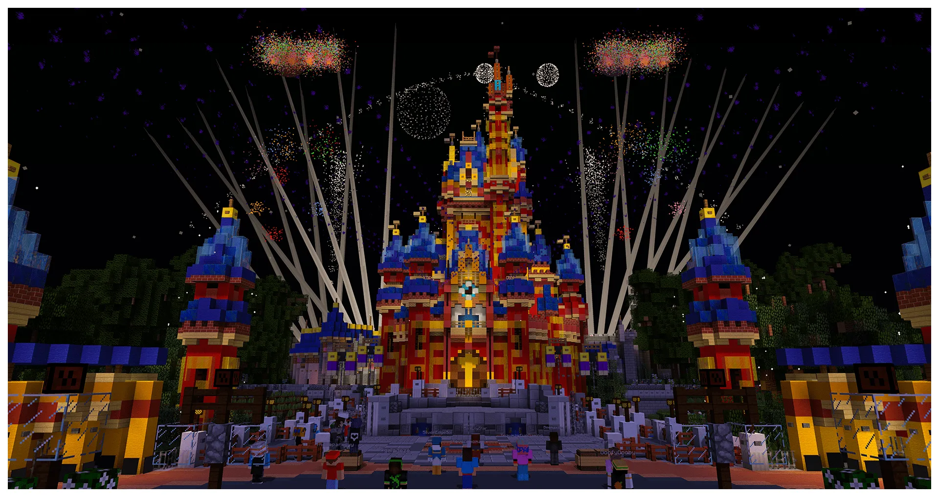 MCParks’ Minecraft recreation of Cinderella Castle surrounded by fireworks