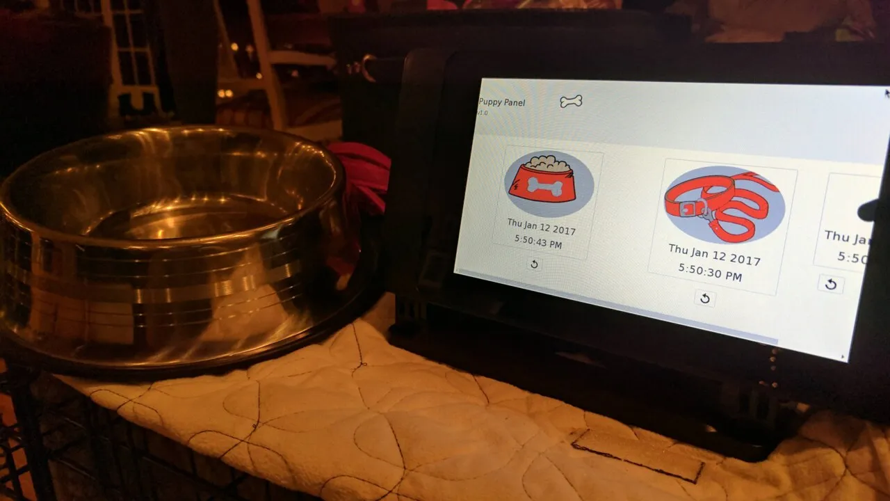The setup for PuppyPanel, a Raspberry Pi with a mounted touchscreen.
